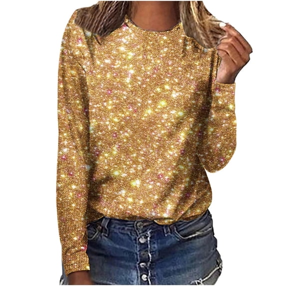AOOCHASLIY Women's Paillette Solid Blouse Fashion Women Casual Long Sleeve Round Neck Loose T-Shirt Tops