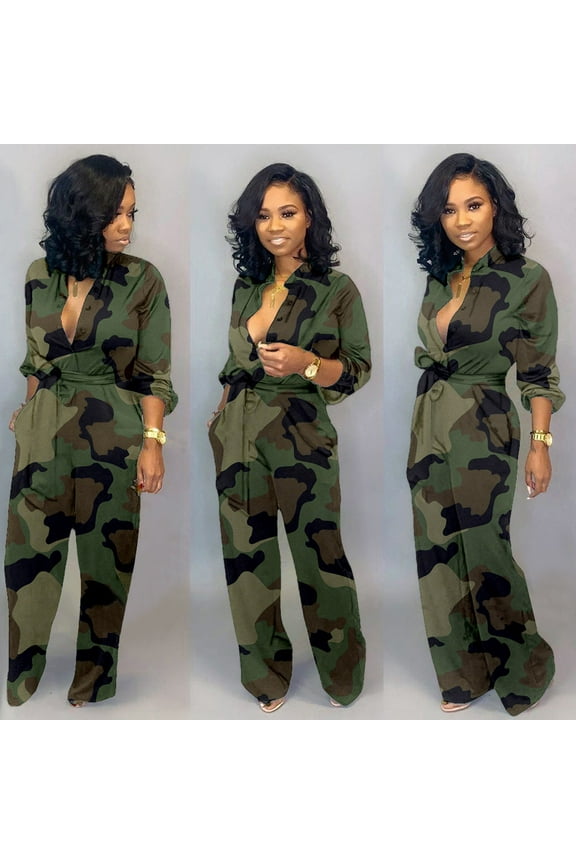 Women's Pants Women Fashion Wide Leg Pants Pocketed Long Sleeve Camouflage Jumpsuit