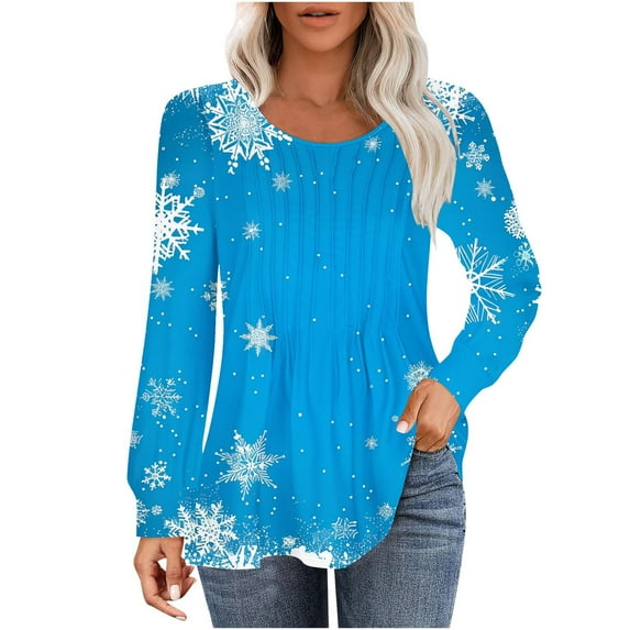 AOOCHASLIY Women's Pleated Christmas Day Snowflake Printed Long Sleeve Tops Fall Crew Neck Casual Dressy Tunic Blouse Fashion Outfits Shirts 2025