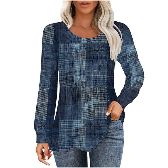 AOOCHASLIY Women's Pleated Long Sleeve Plaid Square Printed Tops Fall Crew Neck Casual Dressy Tunic Blouse Fashion Outfits Shirts 2025
