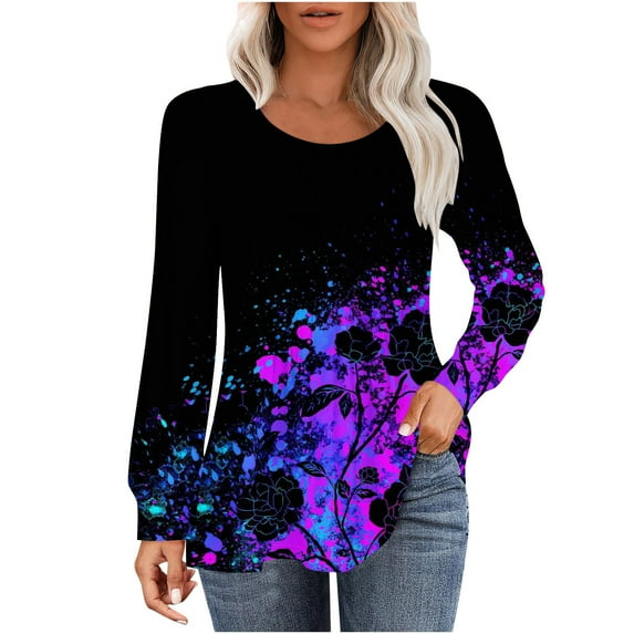 AOOCHASLIY Women's Pleated Long Sleeve Tie-dye Printing Tops Fall Crew Neck Casual Dressy Tunic Blouse Fashion Outfits Shirts 2025