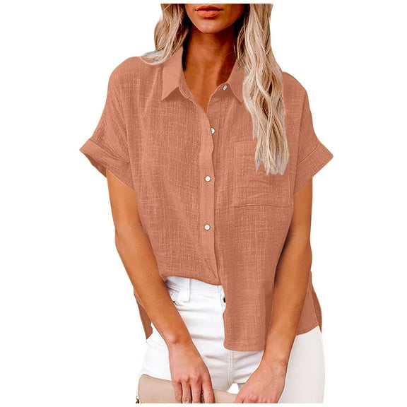 AOOCHASLIY Women’s Short-Sleeve Linen-Blend Button-Down Shirt – Stylish & Versatile! Casual shirt features a classic collar and button-front design