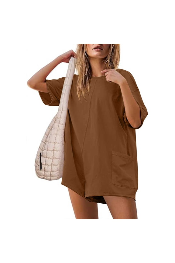 Women's Solid Oversized Athletic Tee Romper Back V Neck Half Short Sleeve Wearing Both Front and Back Workout Rompers Casual Shorts Jumpsuit with Pockets