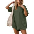 thumbnail image 1 of AOOCHASLIY Women's Solid Oversized Athletic Tee Romper Back V Neck Half Short Sleeve Wearing Both Front and Back Workout Rompers Casual Shorts Jumpsuit with Pockets, 1 of 5