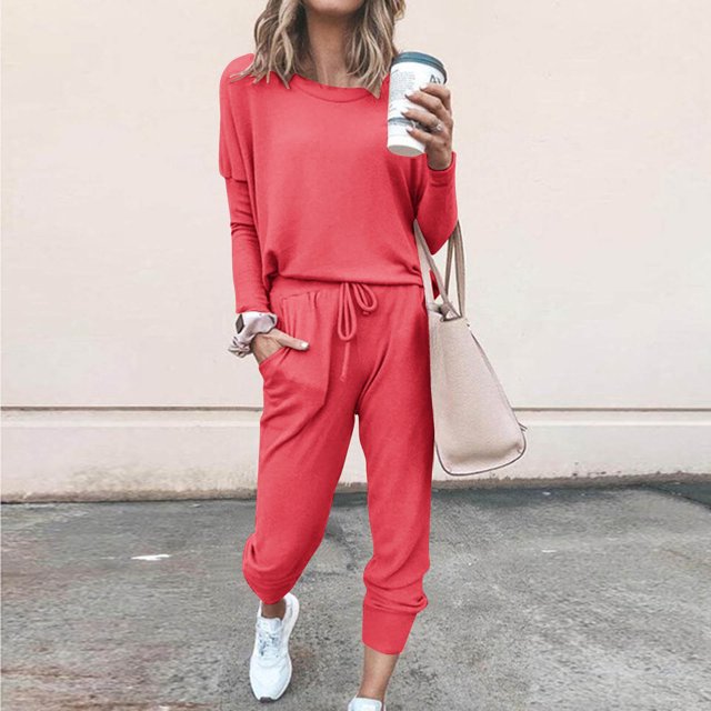 AOOCHASLIY Women's Solid Sets Casual Top Sets Long Sleeve Stretch Sweatpants Two-Piece
