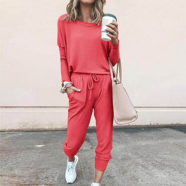 AOOCHASLIY Women's Solid Sets Casual Top Sets Long Sleeve Stretch Sweatpants Two-Piece