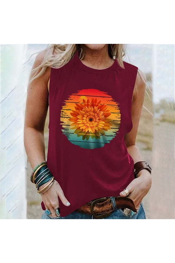 Women's Summer Casual Print Round Neck Loose Sleeveless Tank Fashion Top