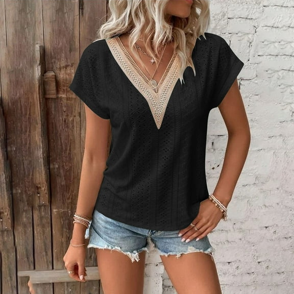 AOOCHASLIY Women's V Neck Lace Crochet Eyelet Tops Short Sleeve Casual Shirts Blouses