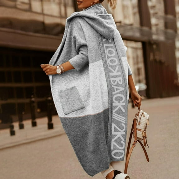 AOOCHASLIY Women's Winter Coat Clothes Fall Women Mid-length Cardigan Knitted Sweater Long Sleeve Overcoat Patchwork Letter Printed Casual Tops