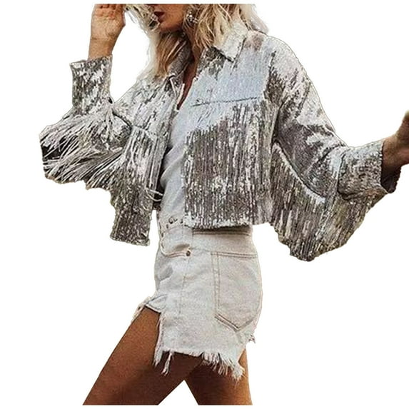 AOOCHASLIY Women's Winter Coat Clearance Fashion Women Casual Vacation Style Solid Color Fringe Sequin Long Sleeve Tops Coat