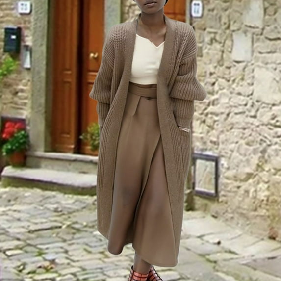 AOOCHASLIY Women's Winter Coat Clearance Women's Fashion Solid Color MIDI Style Knit Cardigan Big Pocket Coat