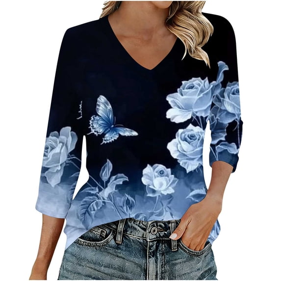AOOCHASLIY Womens 3/4 Length Sleeve Tops V Neck Casual Shirts Soft Basic Tee Loose Fit Business Work Tunic Blouses