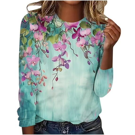 AOOCHASLIY Womens Clothes Tops Fall Deals, Adult Fashion Woman Round Neck Long Sleeve Tops T-Shirt Prints Loose Blouse for Home Casual Party