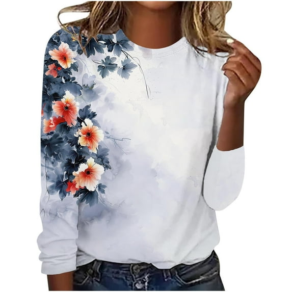 AOOCHASLIY Womens Clothes Tops Fall Deals, Adult Fashion Woman Round Neck Long Sleeve Tops T-Shirt Prints Loose Blouse for Home Casual Party