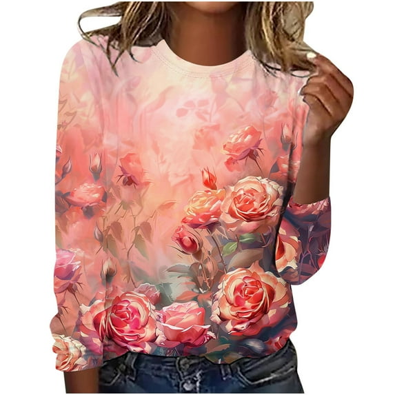 AOOCHASLIY Womens Clothes Tops Fall Deals, Adult Fashion Woman Round Neck Long Sleeve Tops T-Shirt Prints Loose Blouse for Home Casual Party