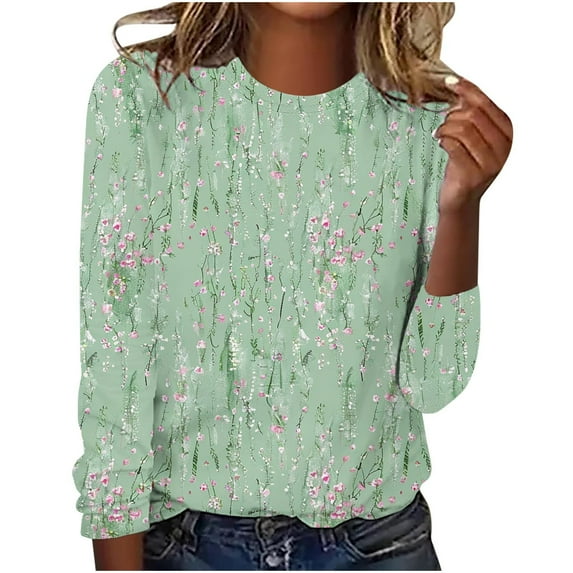 AOOCHASLIY Womens Clothes Tops Fall Deals, Adult Fashion Woman Round Neck Long Sleeve Tops T-Shirt Prints Loose Blouse Deals of the Day