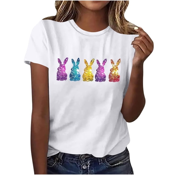AOOCHASLIY Women's Clothes Tops Summer Casual, Cute Easter Shirts Funny Woman Round Neck Short Sleeve Tops T-Shirt Prints Loose Blouse for Home Party Outdoor