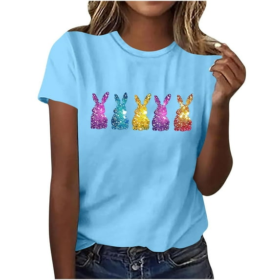 AOOCHASLIY Women's Clothes Tops Summer Casual, Cute Easter Shirts Funny Woman Round Neck Short Sleeve Tops T-Shirt Prints Loose Blouse for Home Party Outdoor