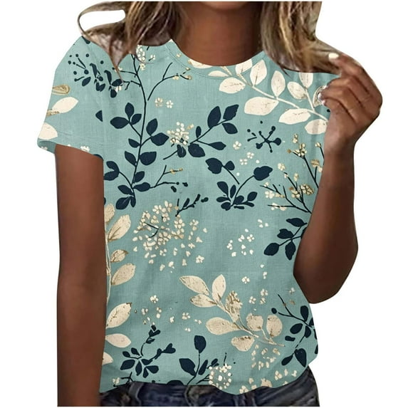 AOOCHASLIY Womens Clothes Tops Summer Deals, Adult Fashion Woman Round Neck Short Sleeve Tops T-Shirt Prints Loose Blouse for Home Casual Party