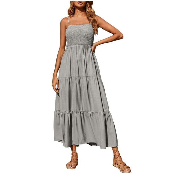 AOOCHASLIY Womens Dresses Summer Women's Bohemian Spaghetti Strap Smocked Tiered Long Beach Sun Dresses Sleeveless Solid Maxi Dress