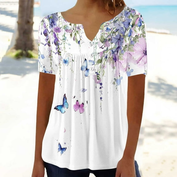 AOOCHASLIY Fashion Women T-shirts Summer Fold Printed Regular Women Short Sleeves Blouses V Neck Button Tops