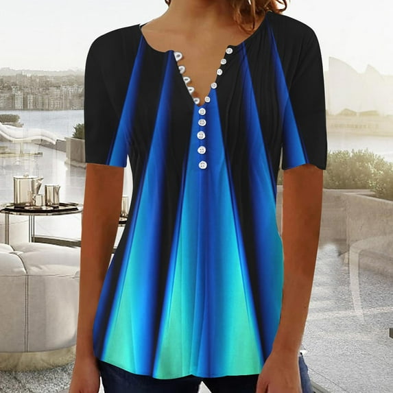 AOOCHASLIY Fashion Women T-shirts Summer Fold Printed Regular Women Short Sleeves Blouses V Neck Button Tops