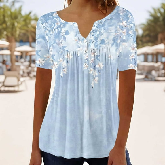 AOOCHASLIY Fashion Women T-shirts Summer Fold Printed Regular Women Short Sleeves Blouses V Neck Button Tops