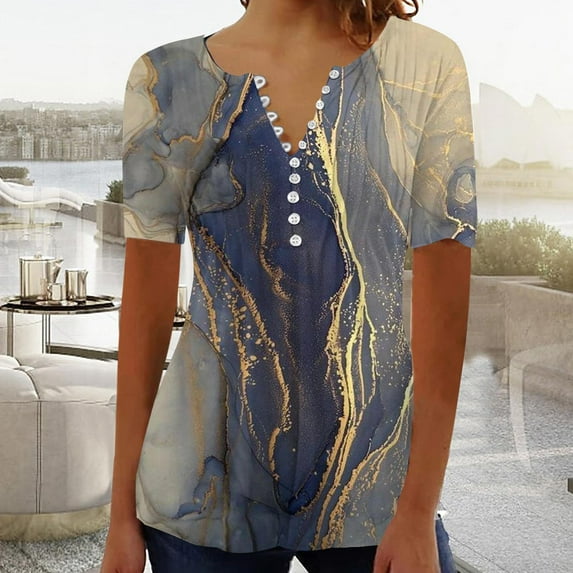 AOOCHASLIY Fashion Women T-shirts Summer Fold Printed Regular Women Short Sleeves Blouses V Neck Button Tops