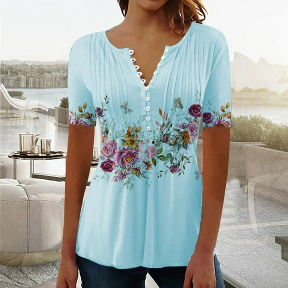 AOOCHASLIY Fashion Women T-shirts Summer Fold Printed Regular Women Short Sleeves Blouses V Neck Button Tops