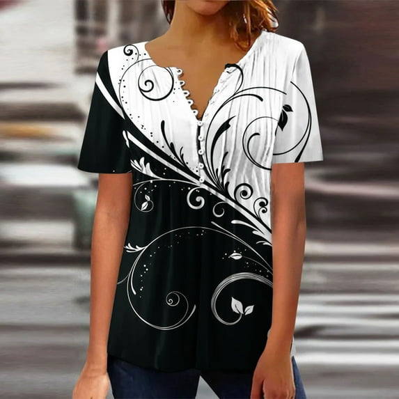 AOOCHASLIY Fashion Women T-shirts Summer Fold Printed Regular Women Short Sleeves Blouses V Neck Button Tops