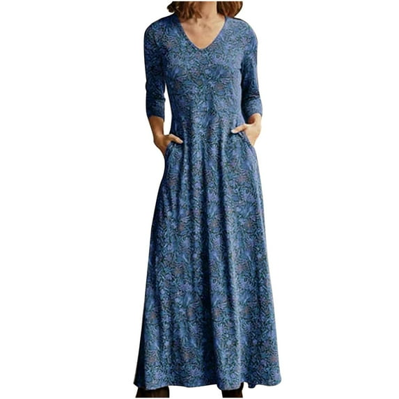 AOOCHASLIY Womens Long Sleeve Dress Fashion Women Flowers Print Long Sleeve Casual Pocket Loose Vintage Long Dress