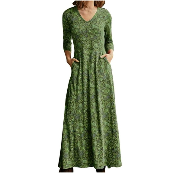 AOOCHASLIY Womens Long Sleeve Dress Fashion Women Flowers Print Long Sleeve Casual Pocket Loose Vintage Long Dress