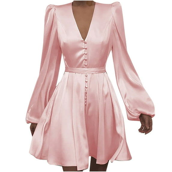 AOOCHASLIY Womens Long Sleeve Dress Ladies Satin V-Neck Temperament Slim Button Lace-up Lantern Sleeve Dress