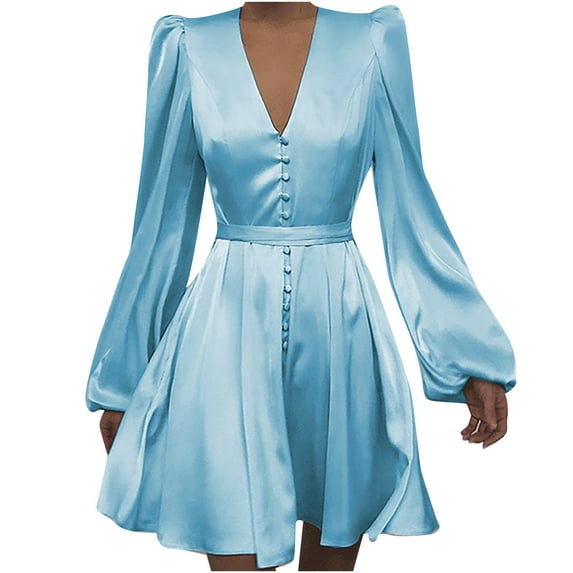 AOOCHASLIY Womens Long Sleeve Dress Ladies Satin V-Neck Temperament Slim Button Lace-up Lantern Sleeve Dress