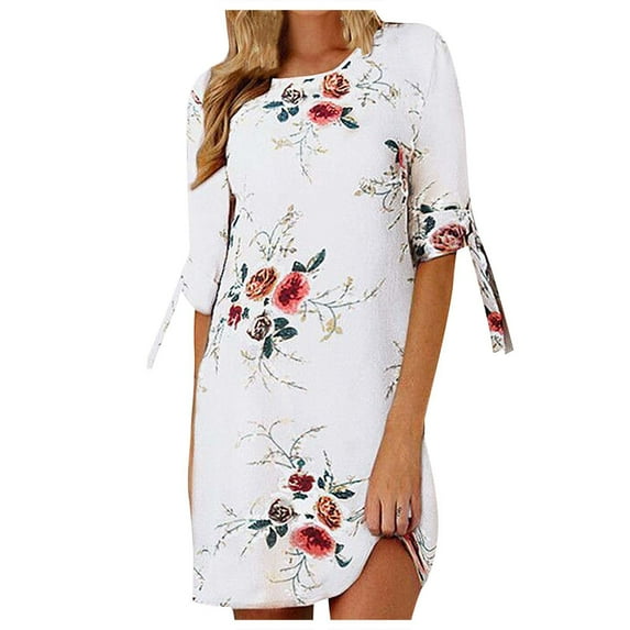 AOOCHASLIY Womens Long Sleeve Dress Women's casual fashion chiffon print round neck tie three-quarter sleeve dress