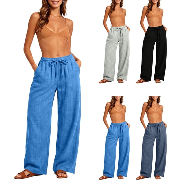 AOOCHASLIY Womens Pants Summer Wide Leg Trouser Jeans Casual Solid Cotton Linen Drawstring Elastic Waist Long Pants