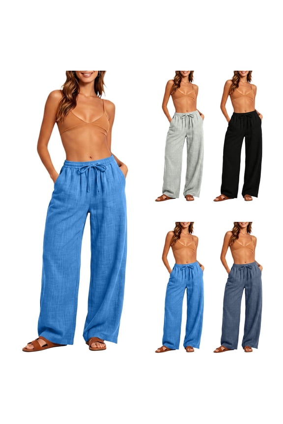 Womens Pants Summer Wide Leg Trouser Jeans Casual Solid Cotton Linen Drawstring Elastic Waist Long Pants