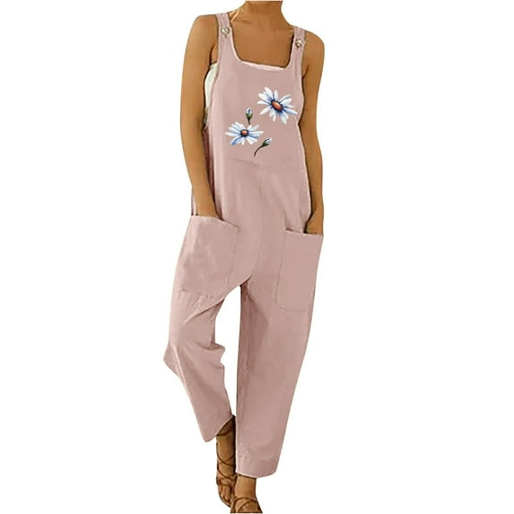 AOOCHASLIY Womens Pants Summer Clothes Women Cotton And Linen Plant Printing Rompers Pants Casual Pants Trousers