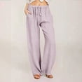 thumbnail image 1 of AOOCHASLIY Womens Pants Summer Women Casual Solid Cotton Linen Drawstring Elastic Waist Long Wide Leg Pants, 1 of 5