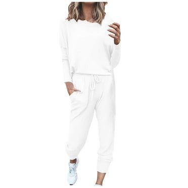 AOOCHASLIY Womens Pants Two-Piece Sweatpants Solid Casual Top Sets Long Sleeve Stretch Sweatpants White L on Clearance