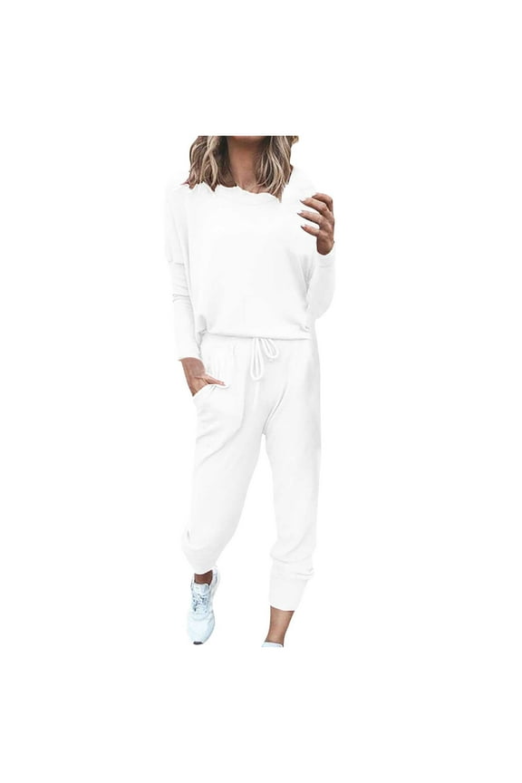 Womens Pants Two-Piece Sweatpants Solid Casual Top Sets Long Sleeve Stretch Sweatpants White L on Clothes
