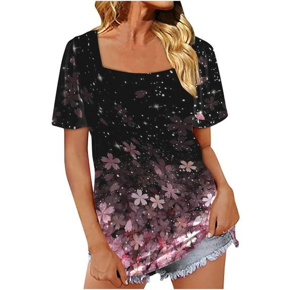 AOOCHASLIY Womens Plus Tops Clothes Women Casual Square Neck Short Puff Sleeve Solid Color Pullover Blouse T-shirt Tops Loose Fit