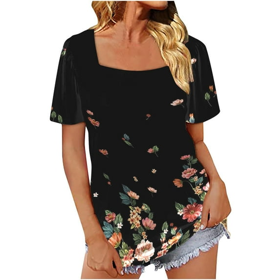 AOOCHASLIY Womens Plus Tops Clothes Women Casual Square Neck Short Puff Sleeve Solid Color Pullover Blouse T-shirt Tops Loose Fit