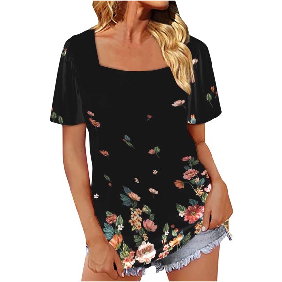 AOOCHASLIY Womens Plus Tops Women Casual Square Neck Short Puff Sleeve Solid Color Pullover Blouse T-shirt Tops Loose Fit