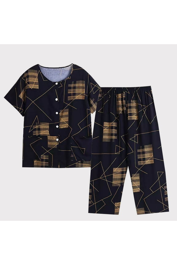 Womens Summer Casual Two Piece Suit Short Sleeved Round Neck Top/Shirt Set Cotton Silk Suit Large Size Comfortable Breathable Cardigan Button Pocket Pajamas