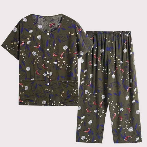 AOOCHASLIY Womens Summer Casual Two Piece Suit Short Sleeved Round Neck Top/Shirt Set Cotton Silk Suit Large Size Comfortable Breathable Cardigan Button Pocket Pajamas