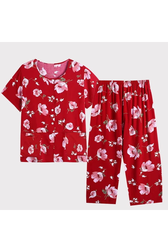 Womens Summer Casual Two Piece Suit Short Sleeved Round Neck Top/Shirt Set Cotton Silk Suit Large Size Comfortable Breathable Cardigan Button Pocket Pajamas
