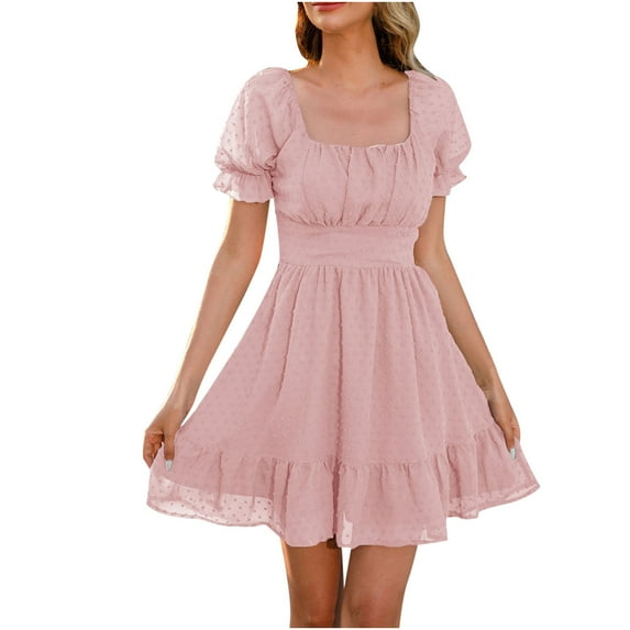 AOOCHASLIY Womens Summer Dresses Clearance Trendy Women Summer Casual Solid Square Collar Short Sleeve Fold Mini Dress