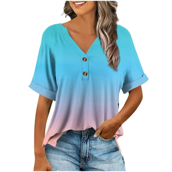 AOOCHASLIY Womens Summer Tops Rolled Short Sleeve V Neck Shirts Gradient Casual Dressy Business Work Blouses Outfits
