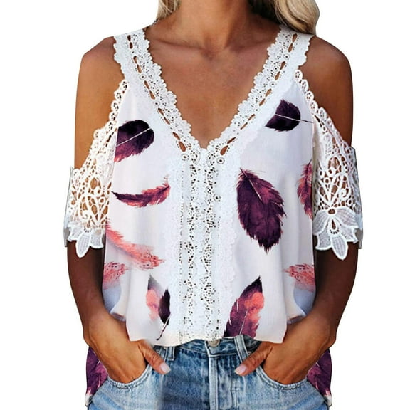 AOOCHASLIY Womens Tee Cold Shoulder T Shirts For Women Hollow Out Half Sleeve Blouse Summer V Neck Graphic Tee Loose Fit Tops